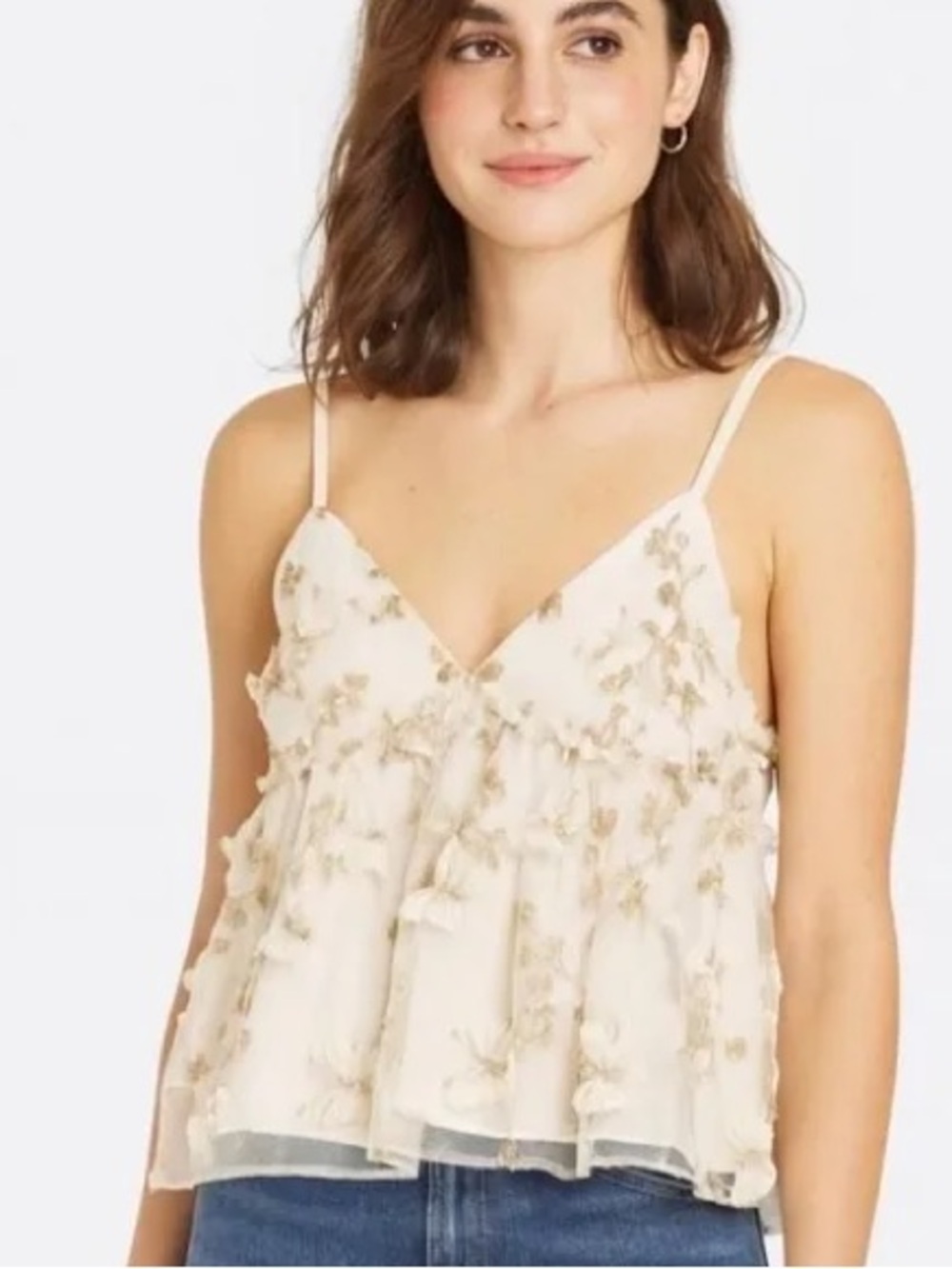 Delicate Cream Floral-Embellished Spaghetti-Strap Camisole
